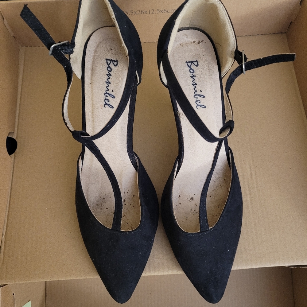 Elegant Black T-Strap Heels Suede